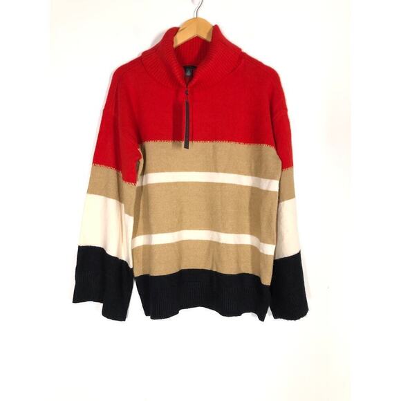 H Halston Sweater Striped Colorblock Cowl Neck Pullover Red Combo NWT S - Picture 2 of 8